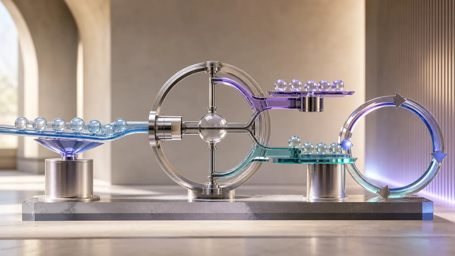 An abstract balance of workflow inputs, operating costs and realised value represented by precision-machined translucent forms