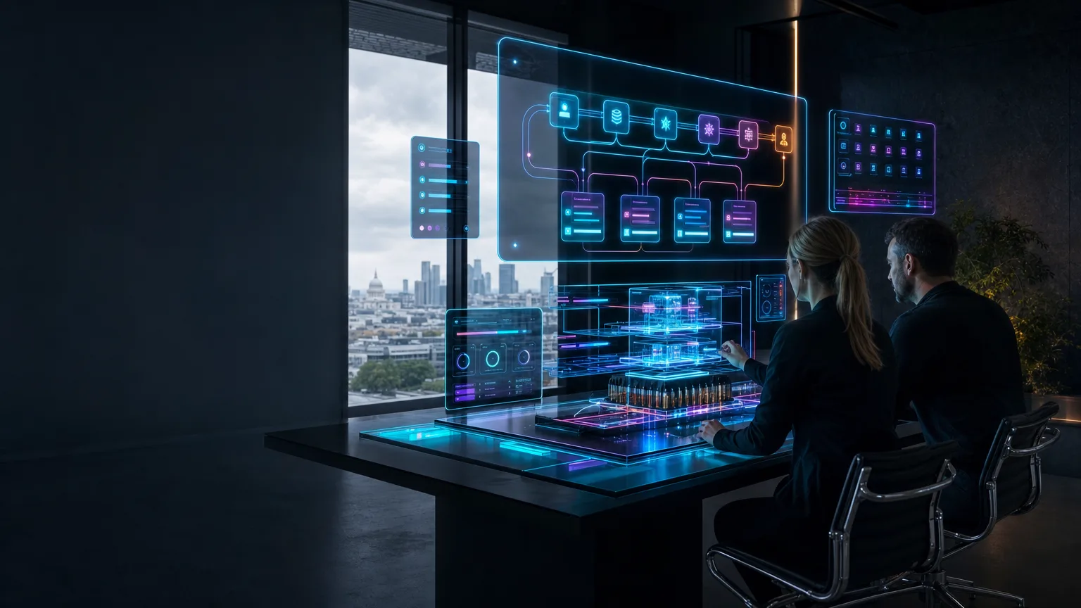 Photoreal futuristic AI compute core connected to a luminous CRM-style data structure in a dark premium environment