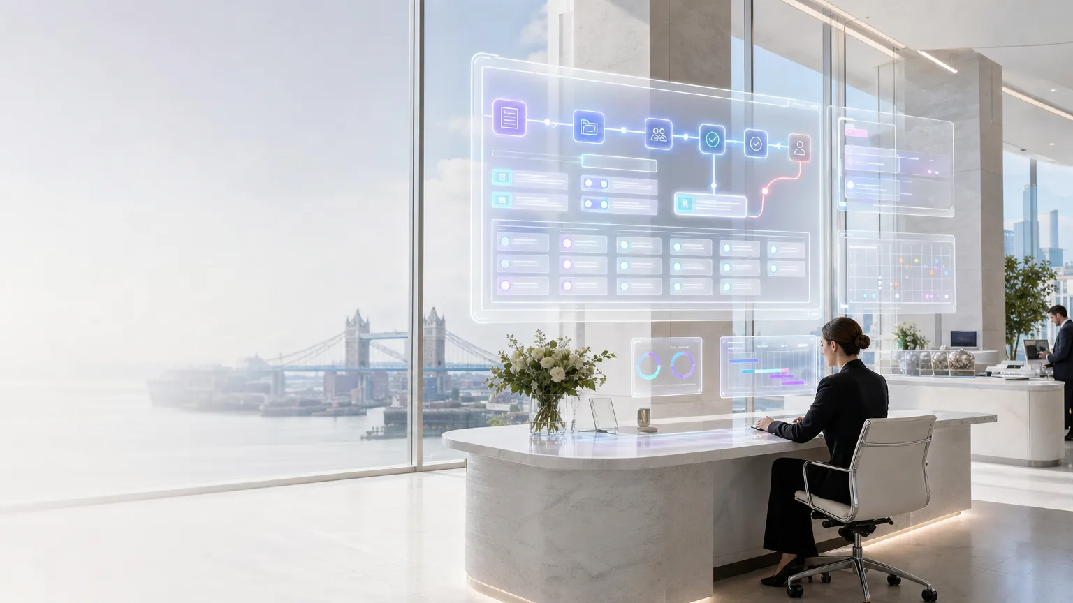 Bright editorial scene showing approved source materials moving through a structured AI content briefing and review system for service-page SEO.