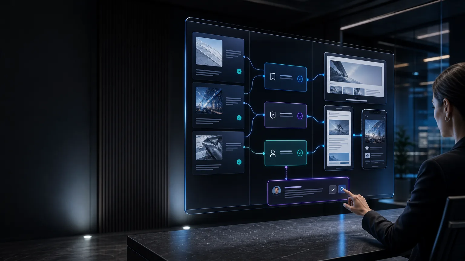 Premium editorial visual of a structured content system turning approved business source material into website, email and social modules through controlled review stages.