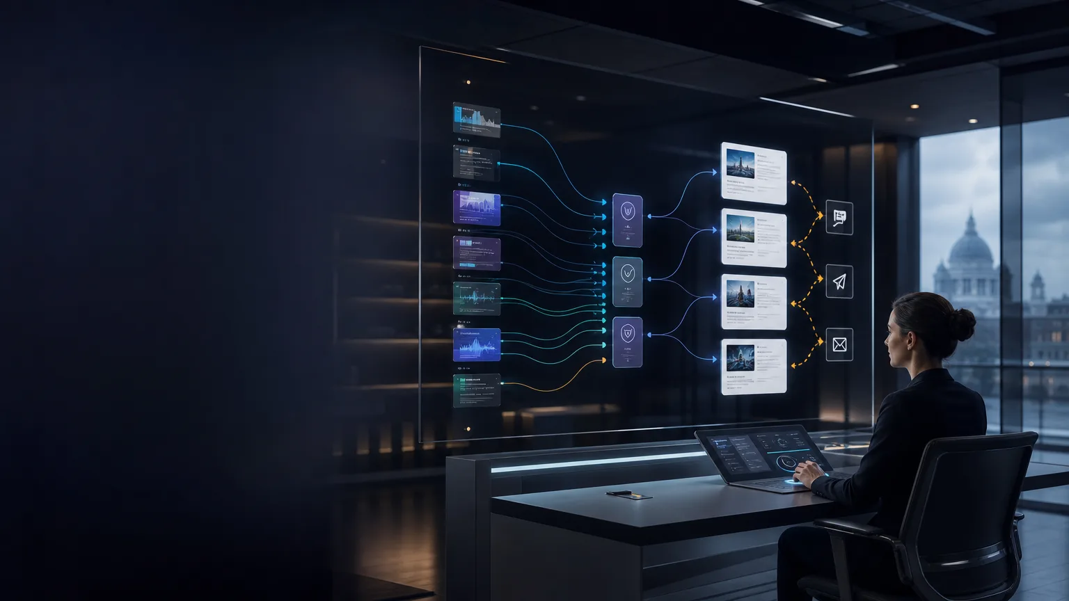 Editorial system showing webinar source material being assessed through review gates into selected article modules, with clear human approval in a premium UK business setting.