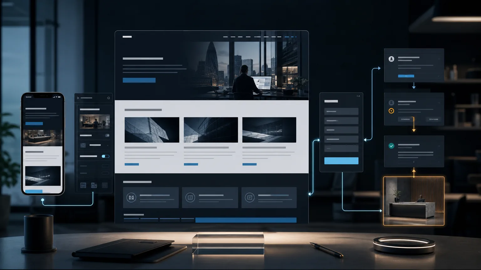 Illustrative premium website design and development operating surface with layered responsive pages, CMS modules, analytics and CRM handoff for a UK small business