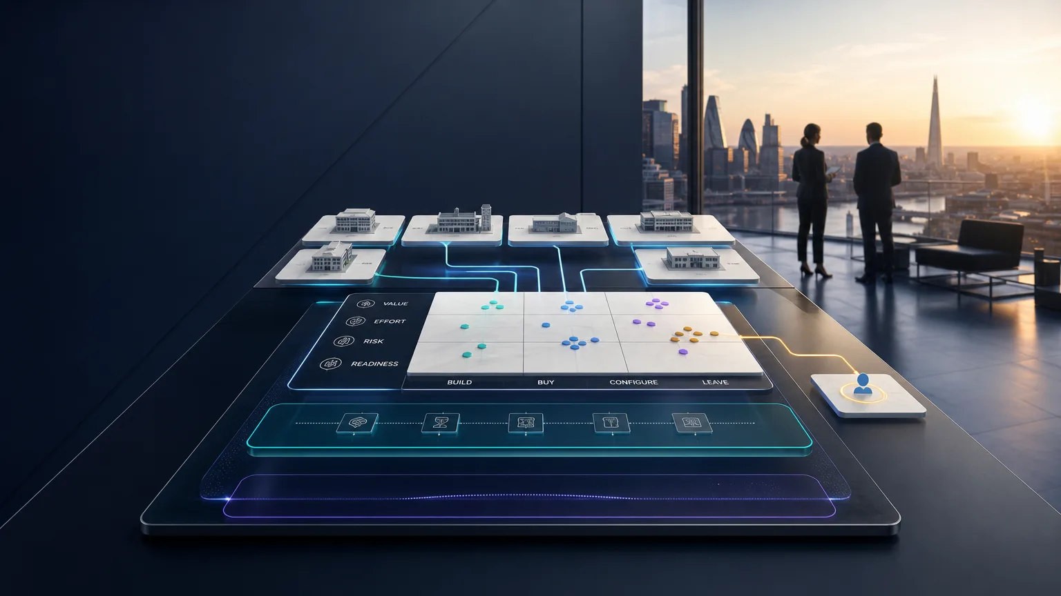 Opportunity matrix for a UK multi-site service business showing cross-location workflows, readiness signals and human approval points before AI rollout