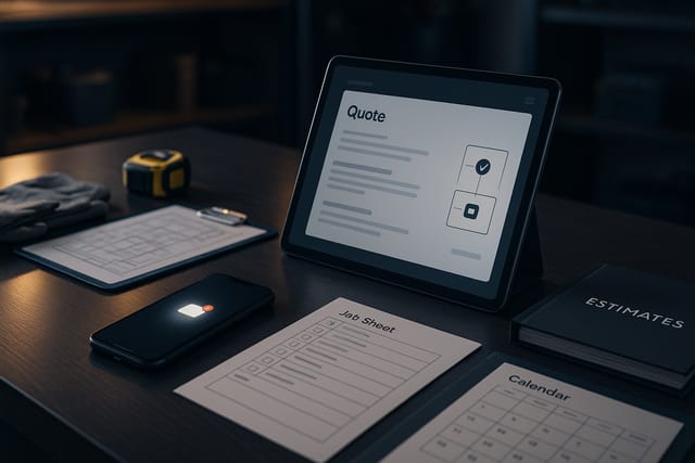 Trades business owner reviewing quotes on a laptop after hours while automation handles follow-up reminders and accepted job alerts