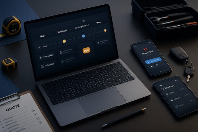 Trades business owner reviewing quote reminders and follow-up automation workflow on a laptop beside job paperwork