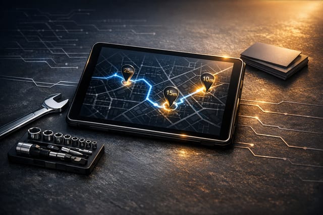 Tradesperson checking a mobile schedule with AI ETA updates and route planning for field jobs