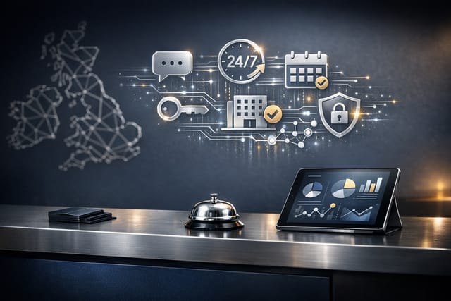 Silverstone brand graphic showing a hotel with chat bubbles, phone and AI icon, illustrating an AI guest‑concierge concept