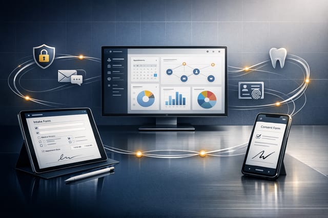 Graphic showing a dental clinic workflow with digital patient forms, e‑consent and integration icons