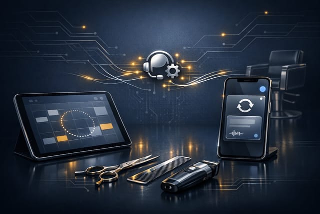 Stylised salon and barbershop booking diary on a screen, suggesting AI rebooking and diary-gap recovery for UK businesses.