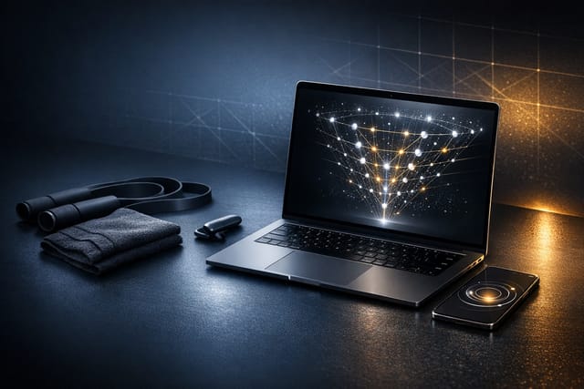 Fitness coach reviewing lead enquiries and scoring prospects on a laptop, with message notifications and fitness performance charts on screen