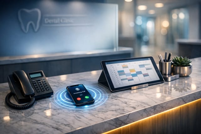 Dentist front desk with a phone and appointment diary, illustrating AI missed-call recovery for a UK dental practice