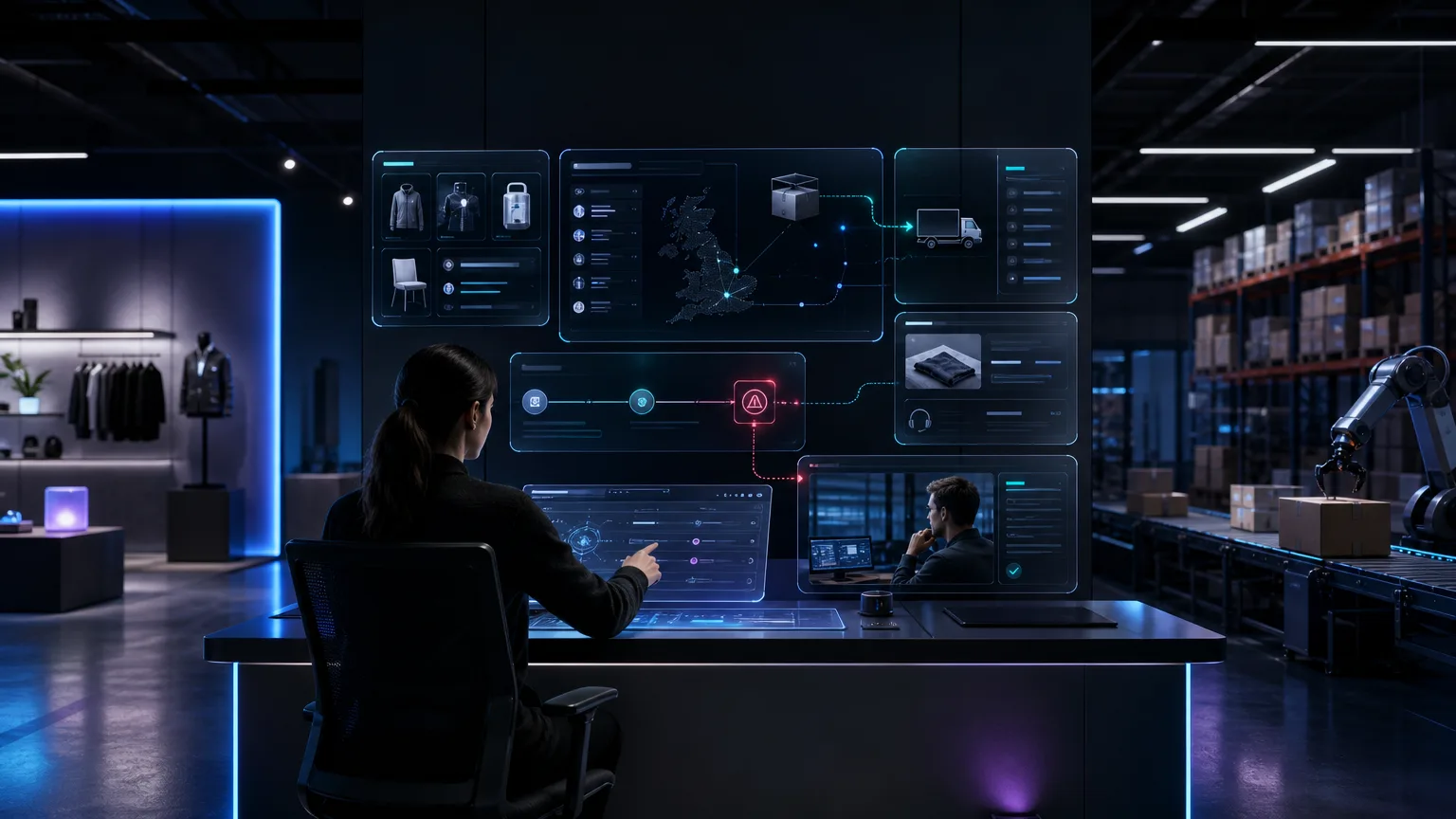 Premium visual of a UK eCommerce operating system linking storefront, orders, fulfilment, support and controlled AI automation.