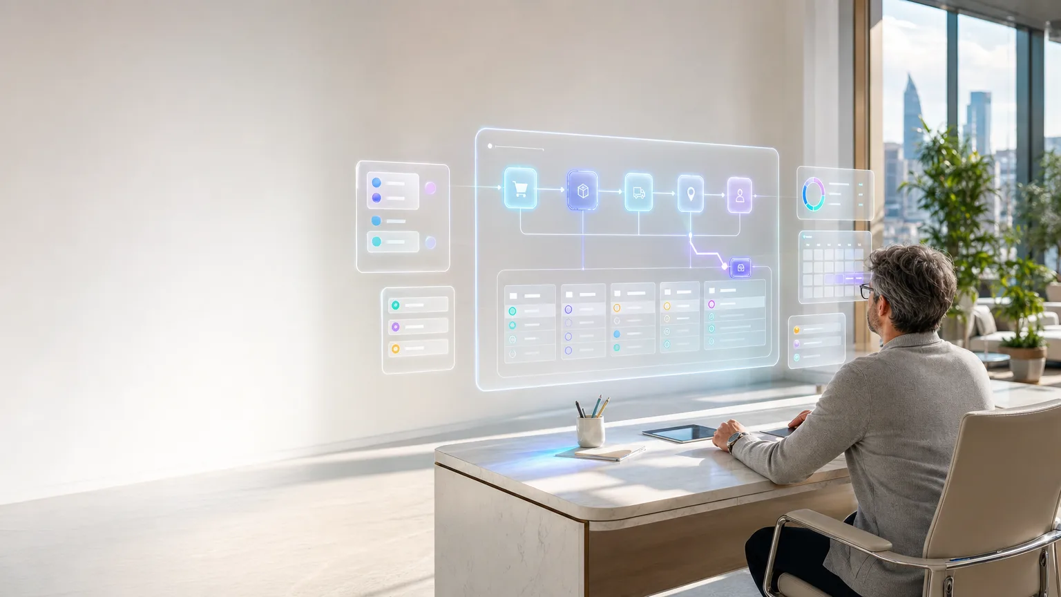 Bright editorial illustration of an eCommerce support workflow linking order system, warehouse, carrier states and a human exception handoff for a UK brand.