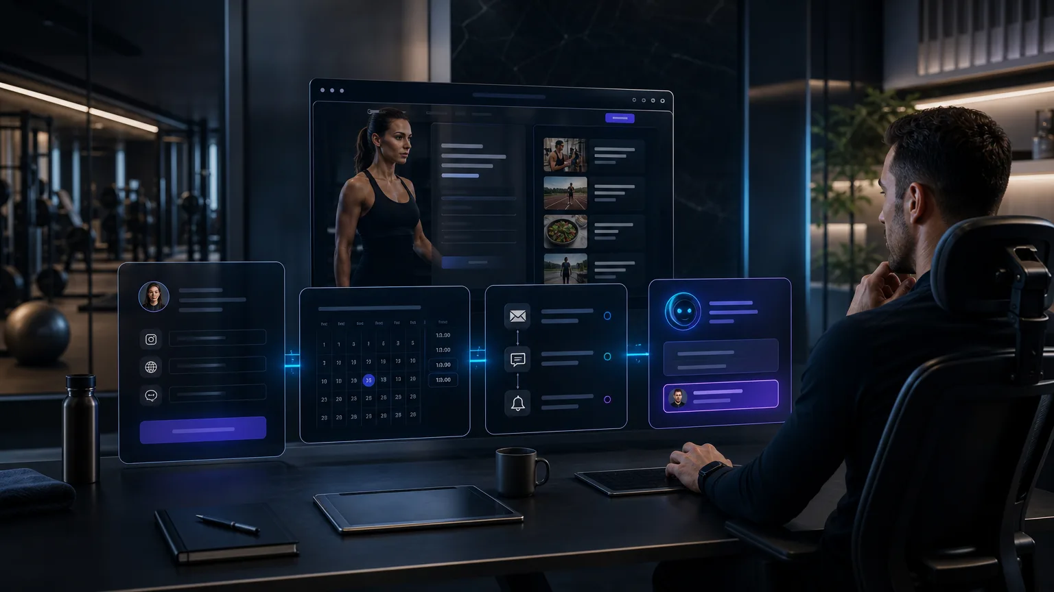 Premium digital operating system for a UK fitness coach showing lead capture, booking, follow-up automation and human-led consultation handoff.