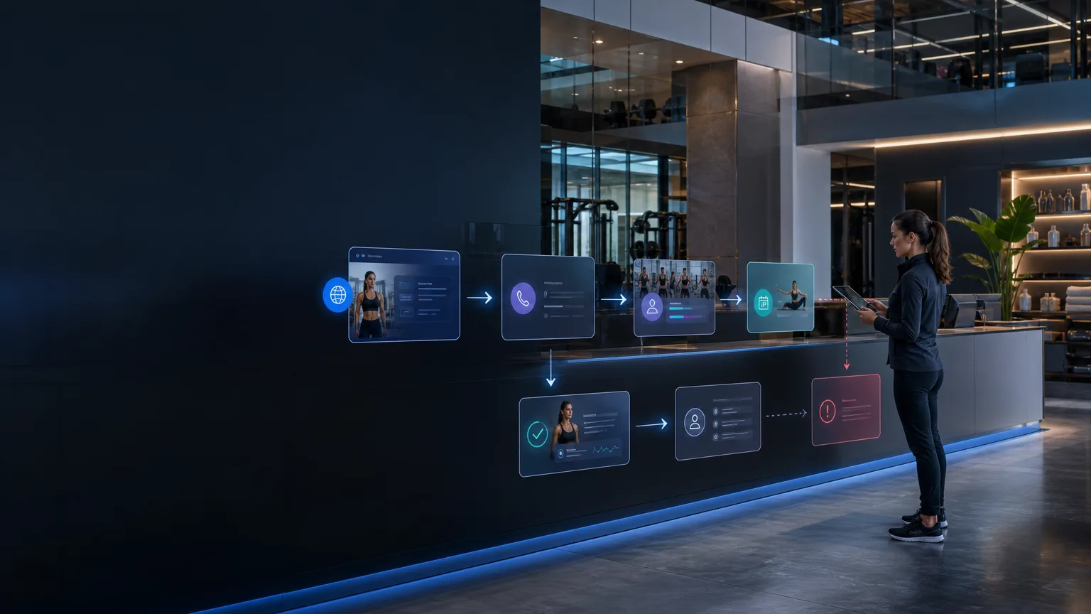 Premium high-tech system visual showing a UK gym enquiry, trial booking and follow-up workflow routed through website, reception and staff handoff layers.