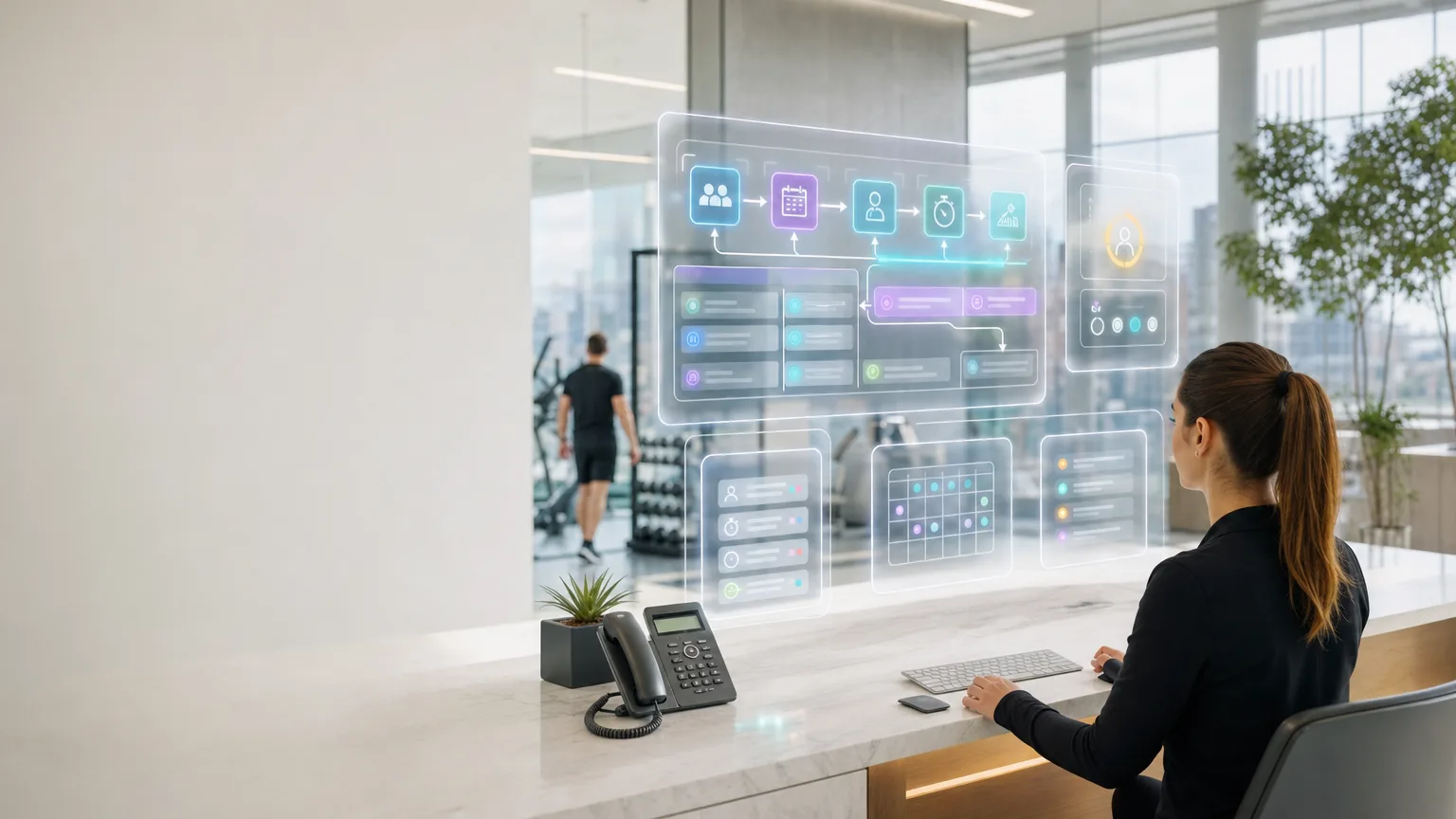 Bright premium visual of a UK gym booking operations system showing trial access rules, class capacity, staff handoff and peak-time exception control.