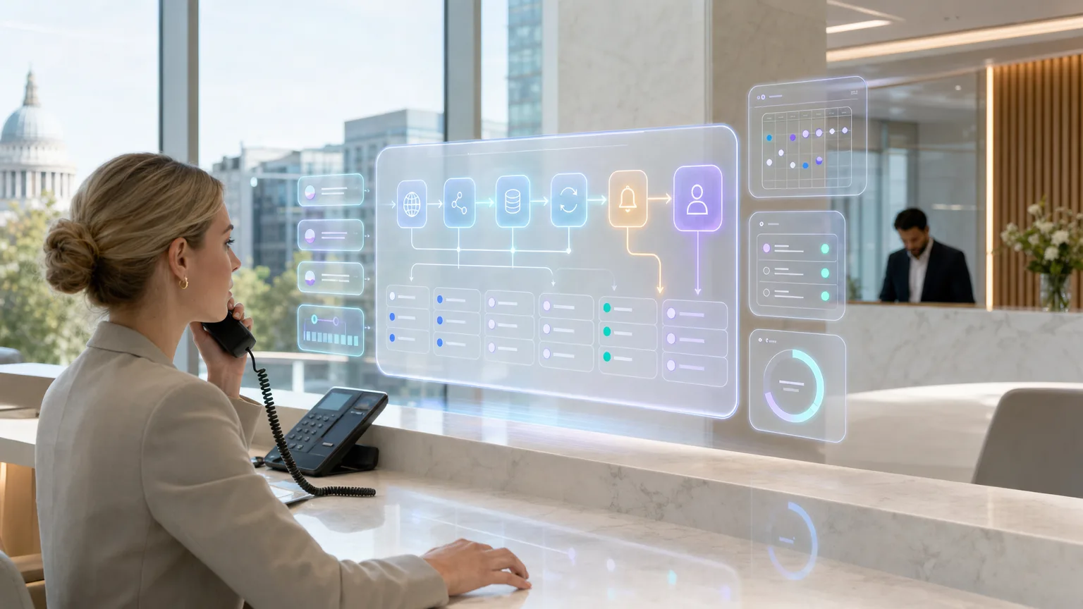 Bright editorial illustration of a hotel booking workflow showing PMS inventory as source of truth, channel conflict detection and a human duty-manager handoff.