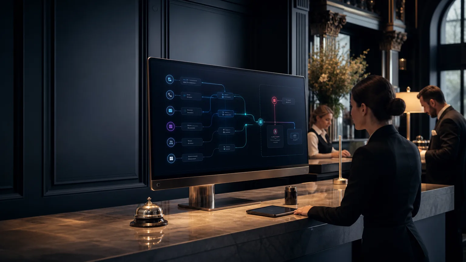 Premium hospitality operations system showing reservation flow, guest enquiry routing, pre-arrival messaging and duty-manager escalation in a refined UK business setting
