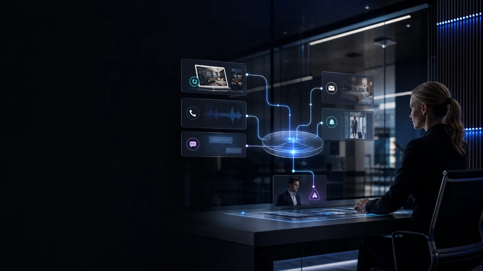 Premium hospitality operations system showing website booking flow, AI reception routing, pre-arrival automation and duty-manager handoff for a UK small business.