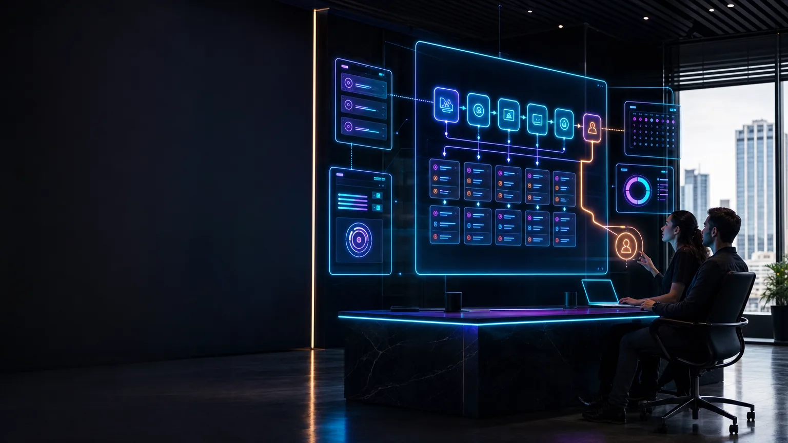 Photorealistic luminous AI search core processing flowing search signals through a dark futuristic computing structure