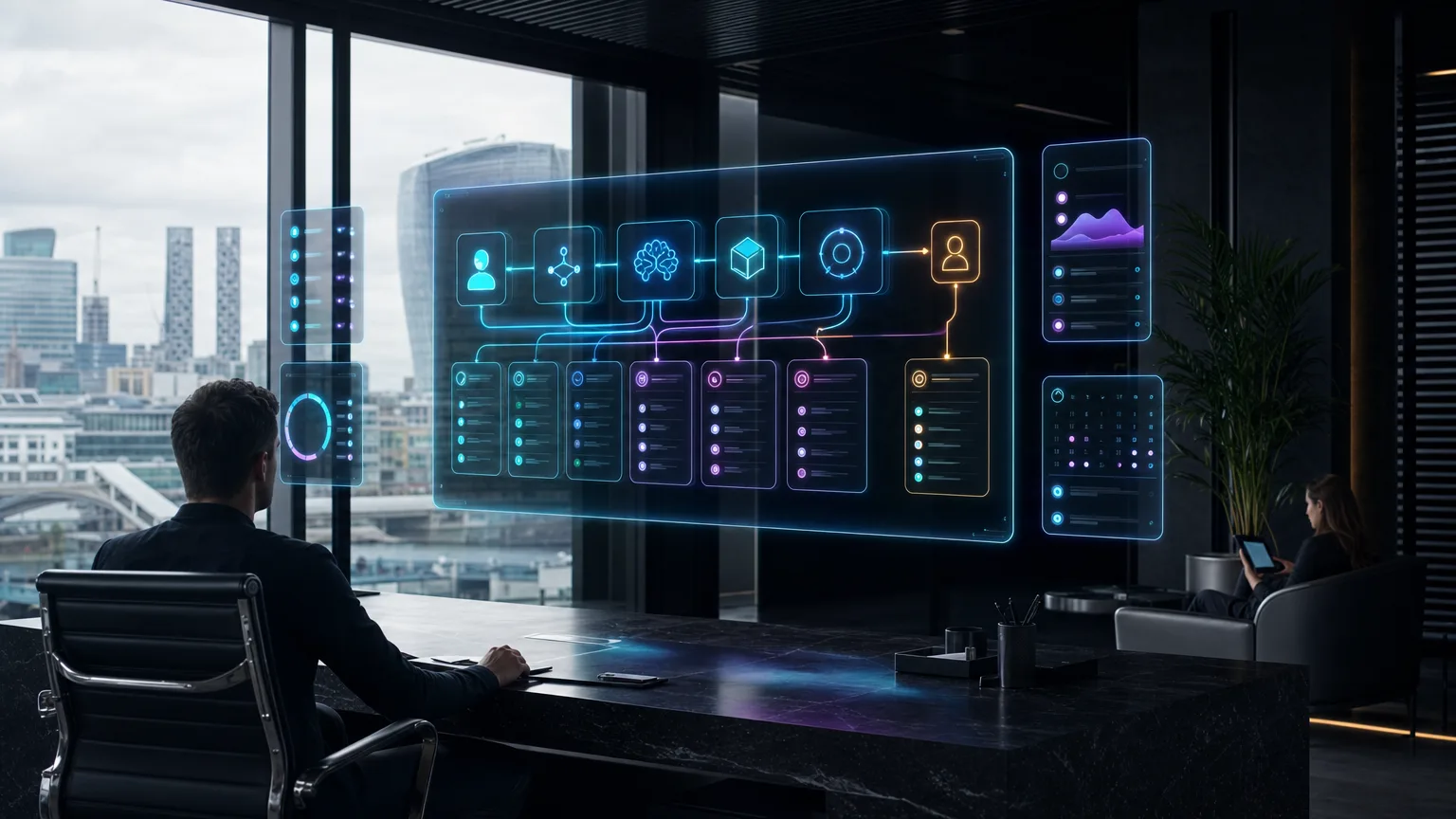 Photoreal near-future AI workflow core with cyan optical interconnects in a dark British architectural setting.