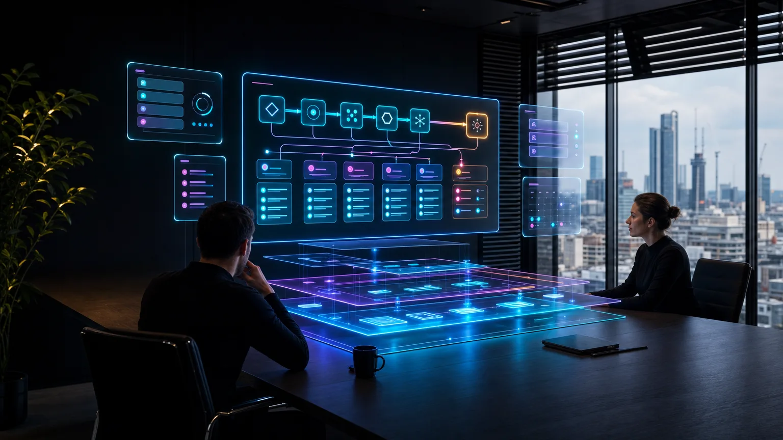 Photoreal futuristic AI compute core with luminous layered instruction structures in cyan and violet light