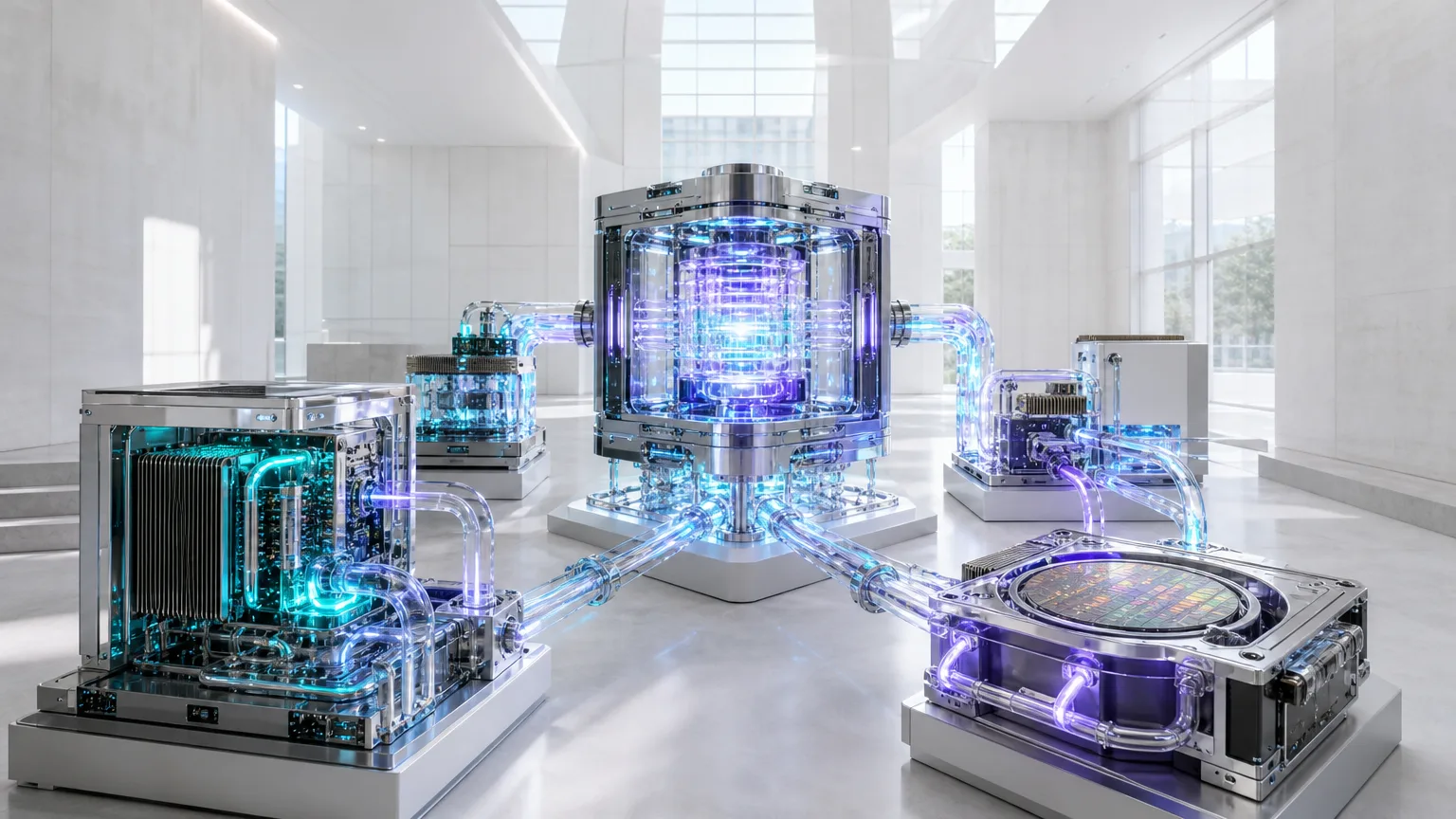 Photoreal futuristic optical computing core linking modular enterprise systems through luminous glass interfaces