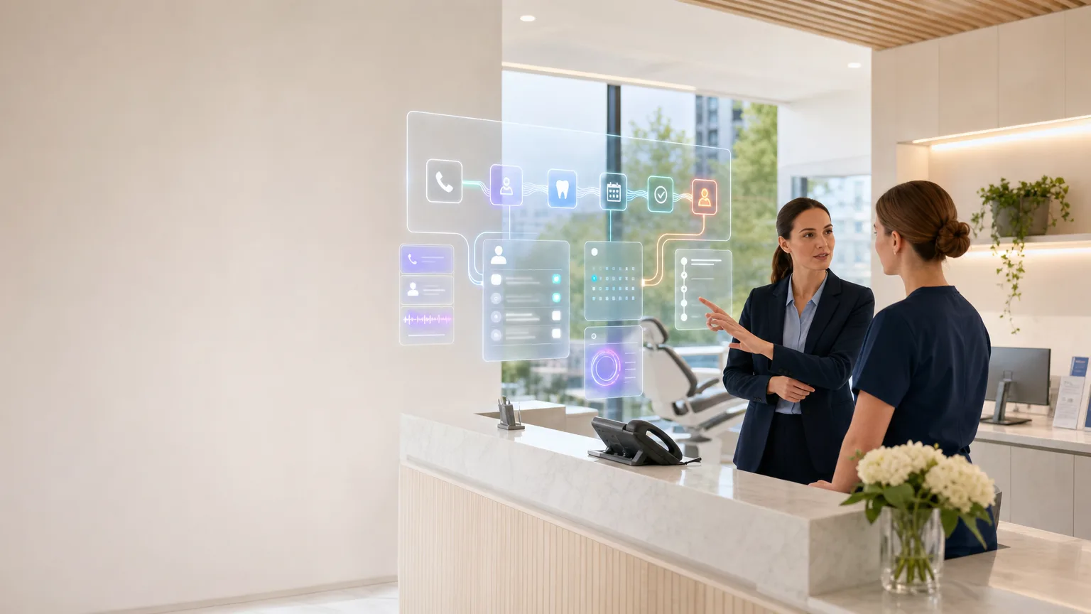 Bright editorial scene showing a UK dental practice callback workflow with call routing, patient record matching, diary checkpoints and a human escalation step.