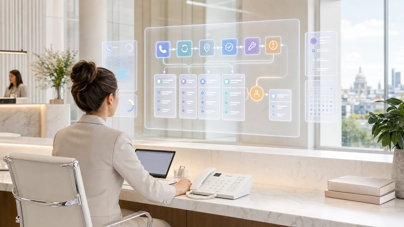 Bright editorial scene showing a UK trades missed-call workflow moving from incoming call to postcode, urgency band, callback brief and human escalation point.
