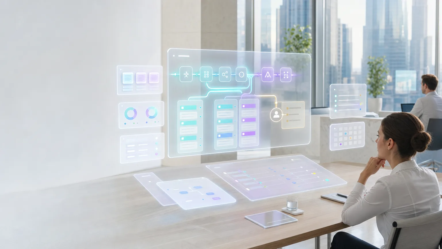 Bright editorial illustration of a business workflow decision matrix comparing two AI automation build paths with human approval and exception routing.