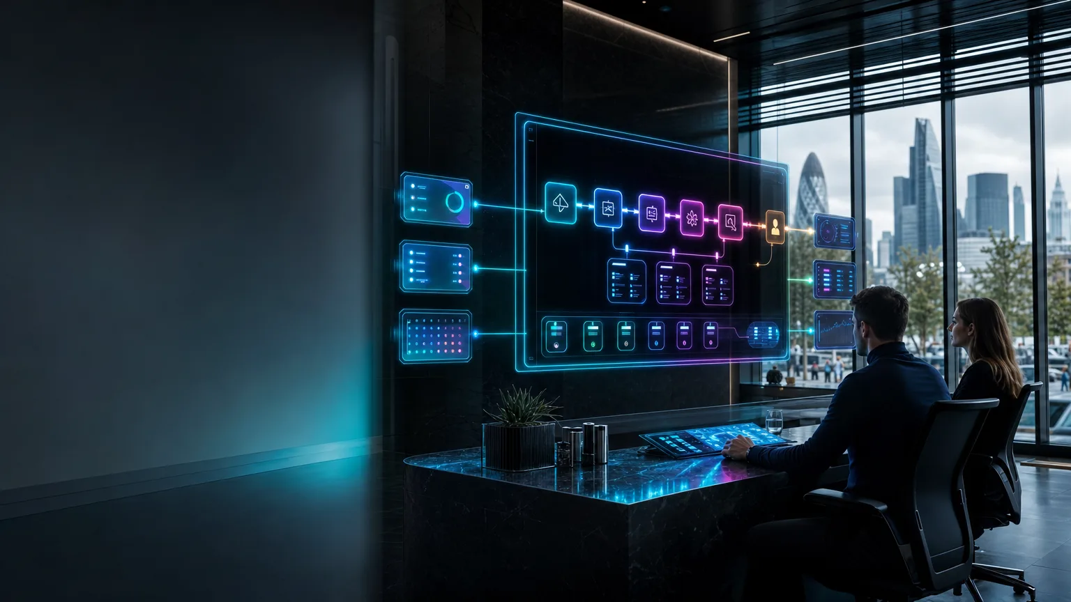 Photoreal futuristic automation architecture with two contrasting luminous workflow paths around a central compute core.