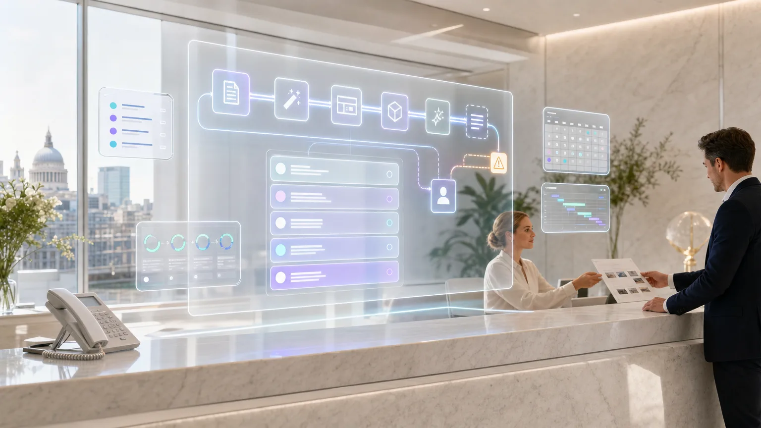 Bright editorial workflow scene showing approved source material moving through content review gates with a visible human approval point for a UK AI content process.
