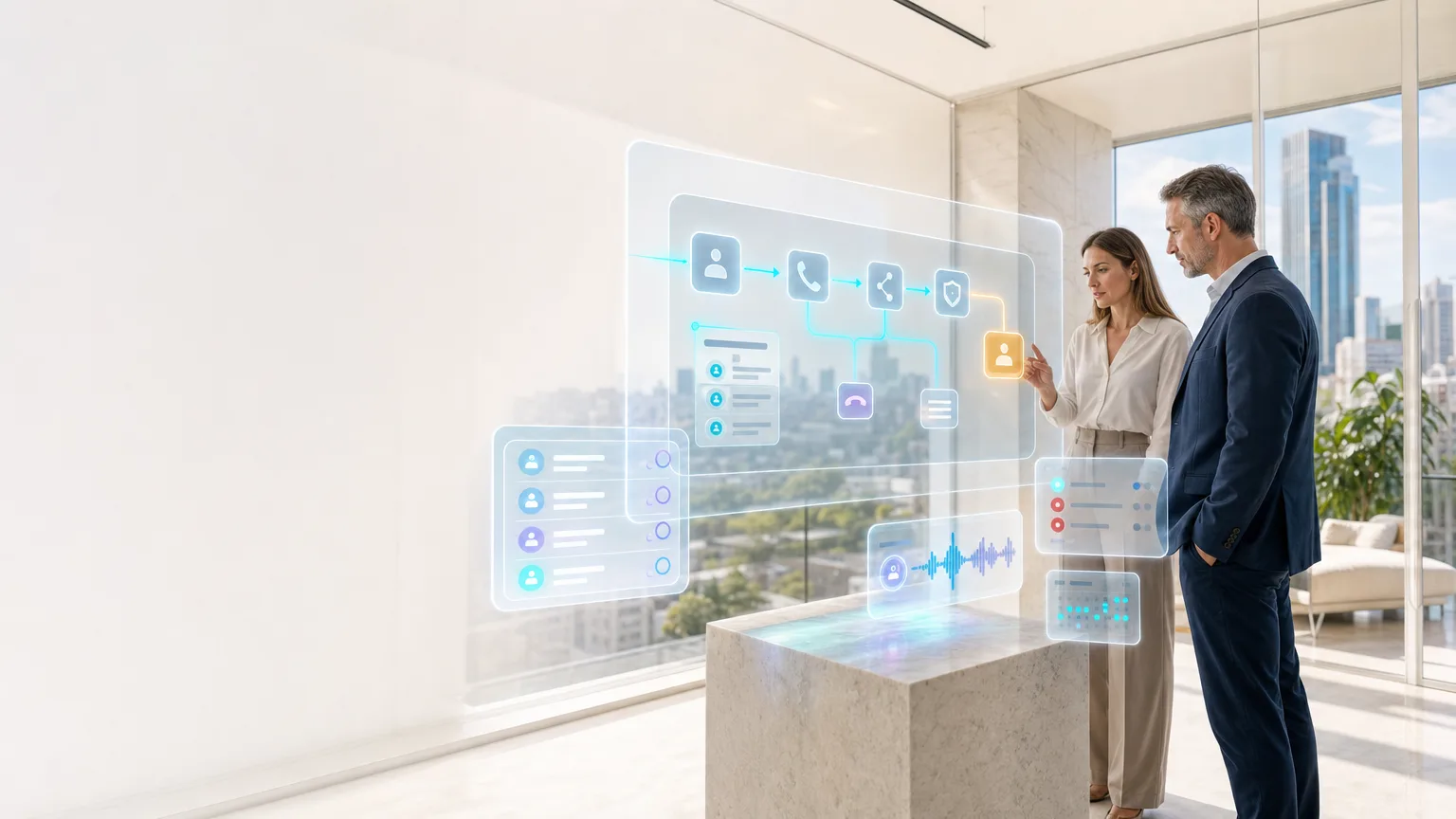 Bright editorial illustration of a US outbound AI voice workflow with consent checks, call states, suppression controls, and human approval handoff