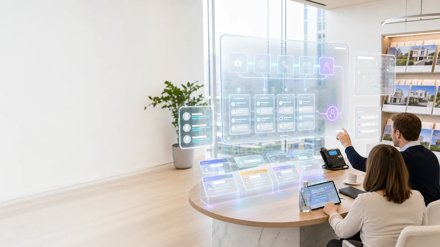 Bright editorial illustration of an estate agency lead workflow linking portal enquiries, CRM ownership, diary-safe next steps and human escalation
