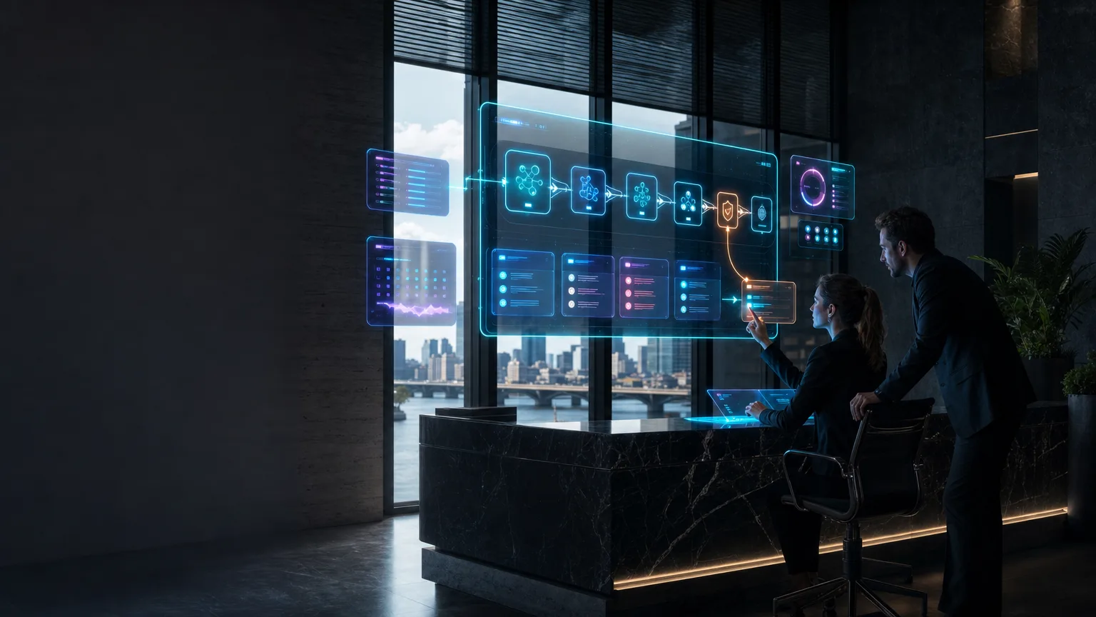 Dark near-future AI recovery core with cyan optical pathways being isolated and restored inside a British architectural setting.