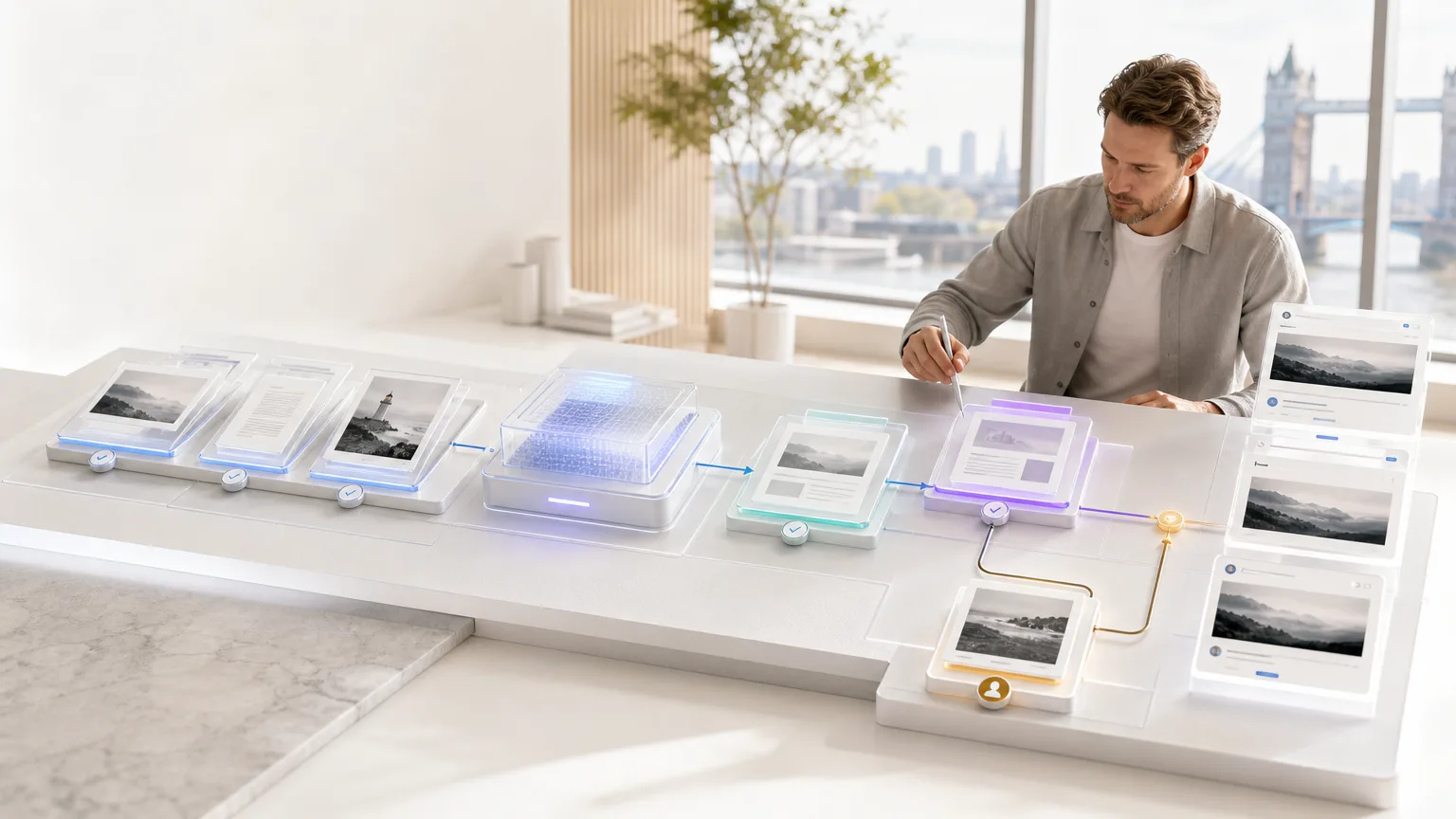 Bright editorial scene showing approved source materials moving through review gates into website, email and social content modules with visible human oversight.