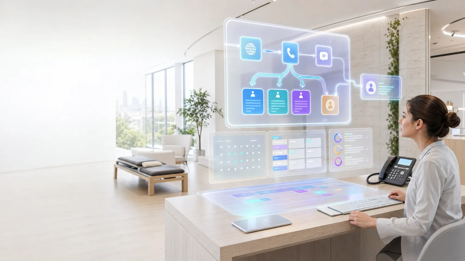 Bright editorial illustration of a UK clinic booking workflow routing self-pay, insurance and cash-plan inquiries through controlled automation with human review.