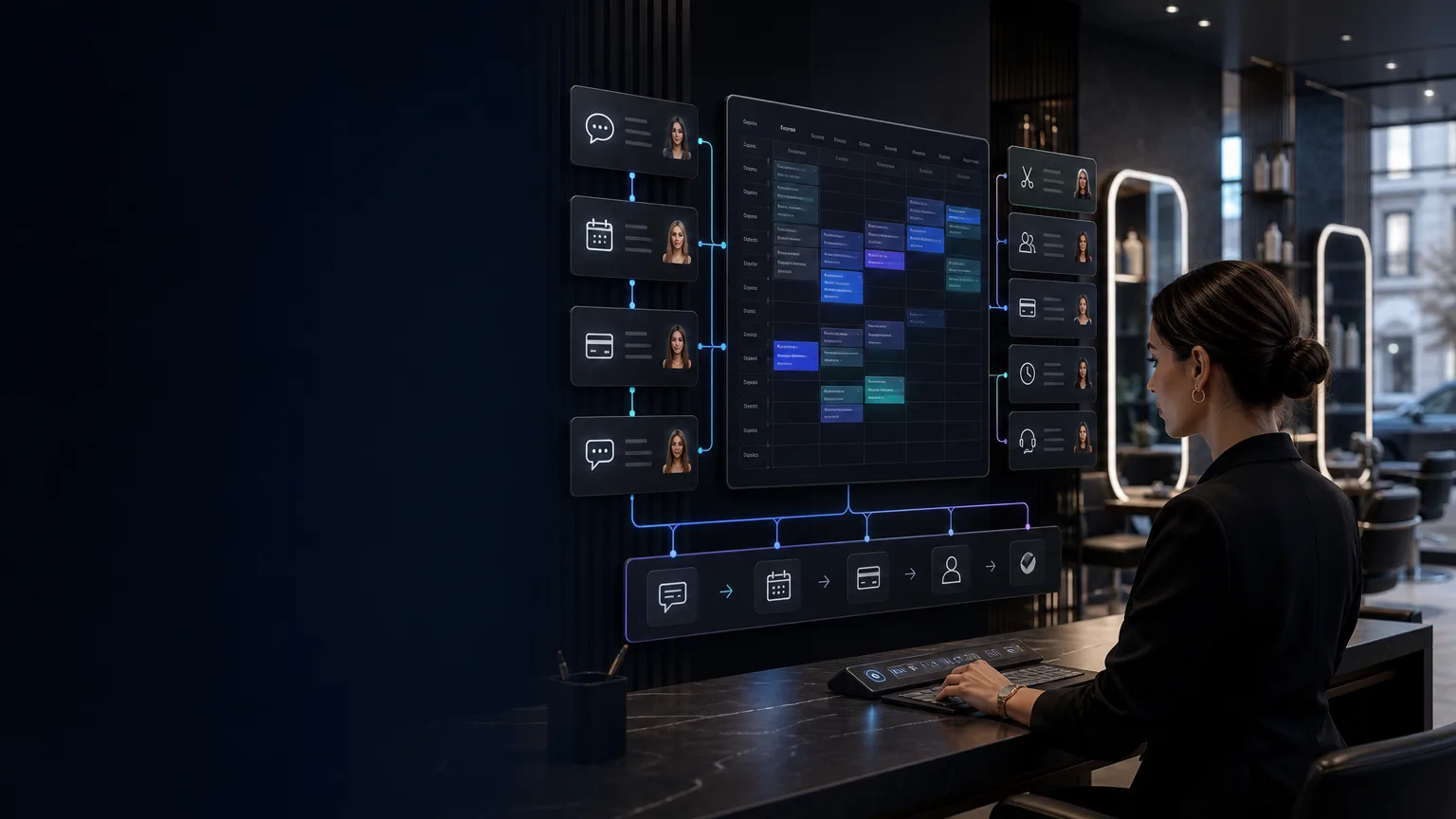 Premium futuristic salon operations interface showing booking flow, receptionist routing, waitlist and human approval points in a refined UK business setting.