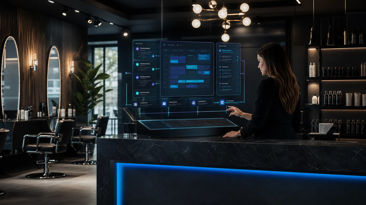 Premium futuristic salon operations dashboard concept showing booking flow, enquiry routing, waitlist logic and human oversight in a UK small business setting