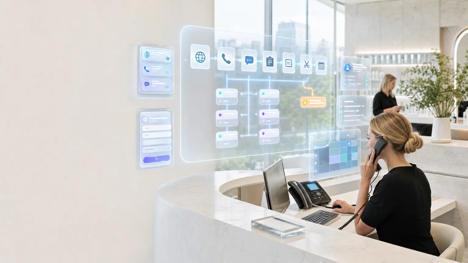 Bright editorial illustration of a UK salon booking workflow showing patch-test checks, reminder flow, and human approval before a colour appointment is confirmed.