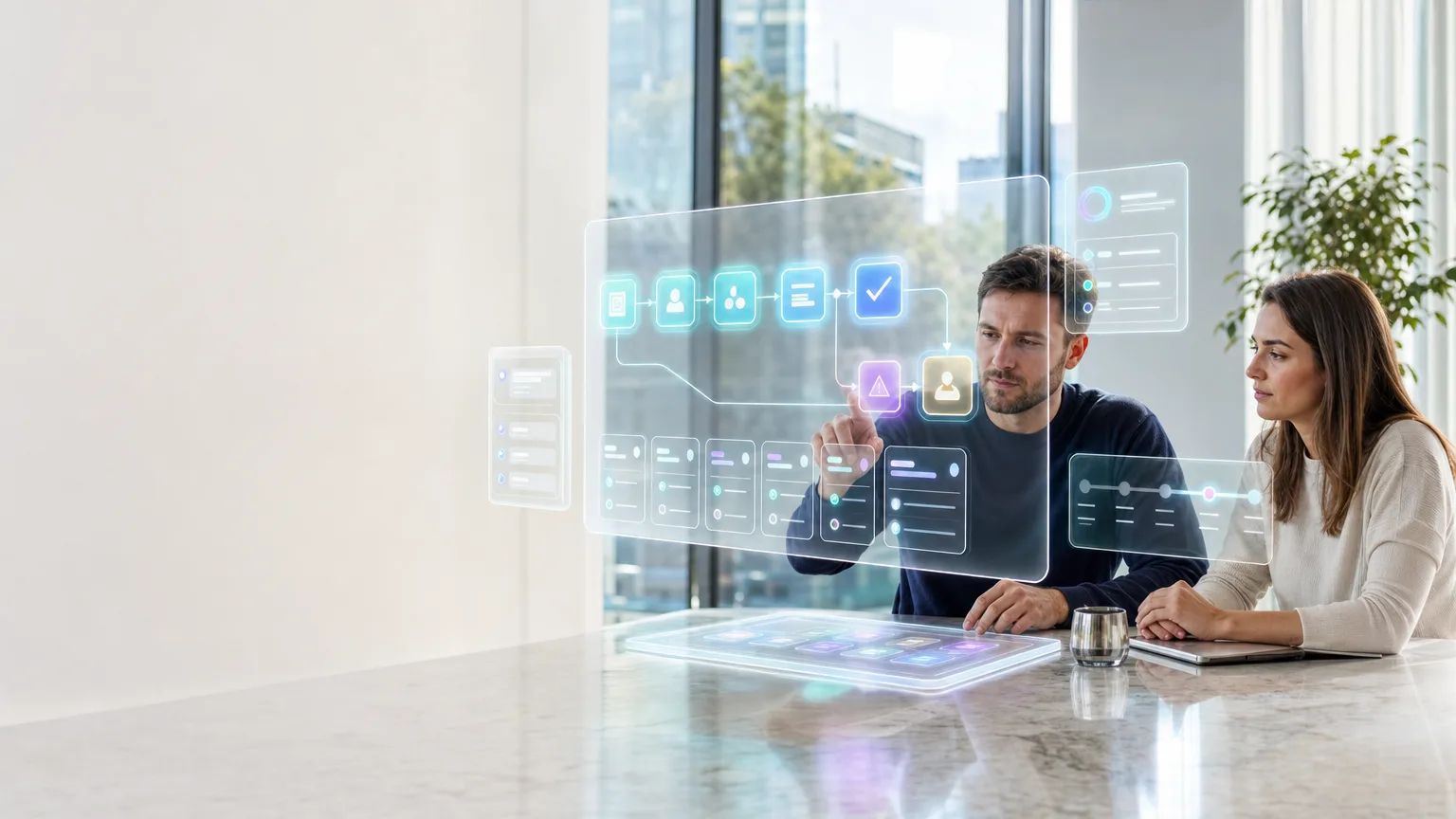 Bright editorial illustration of a UK MVP app planning workflow showing user states, acceptance criteria checkpoints, exception handling and human approval.