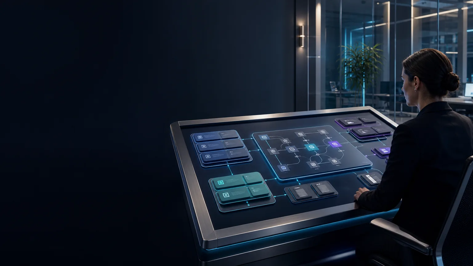 Premium visual of a UK small business automation system showing enquiry intake, workflow routing, approval points and human oversight in a refined high-tech interface.