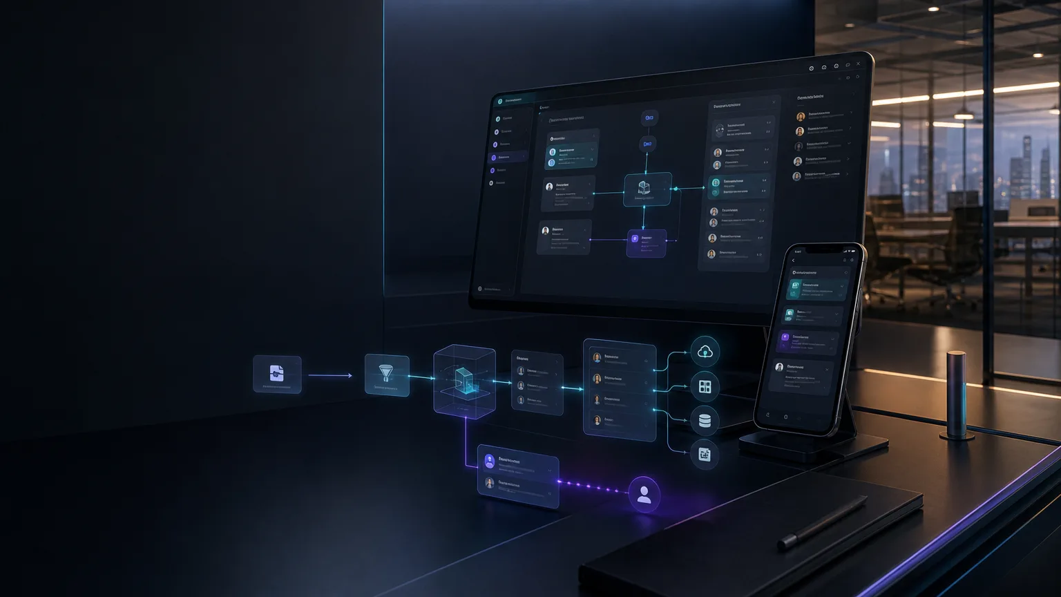 Premium visual of a UK small-business app development system showing a focused first-release workflow, user states, data connections and controlled AI-assisted handoff.