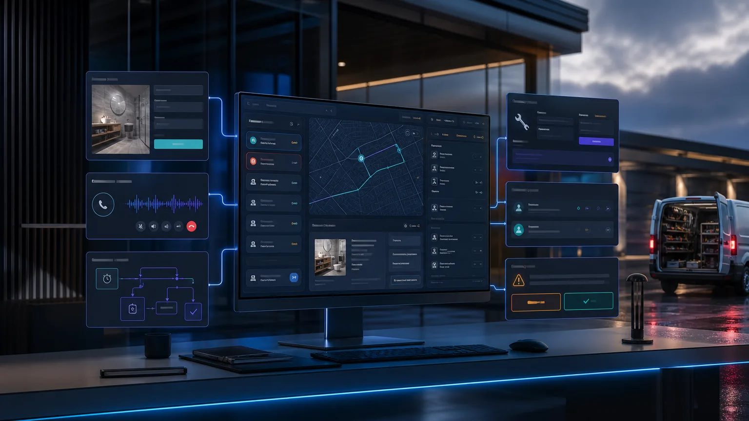 Premium digital operations system for a UK trades business showing website enquiries, call routing and workflow automation with human oversight.