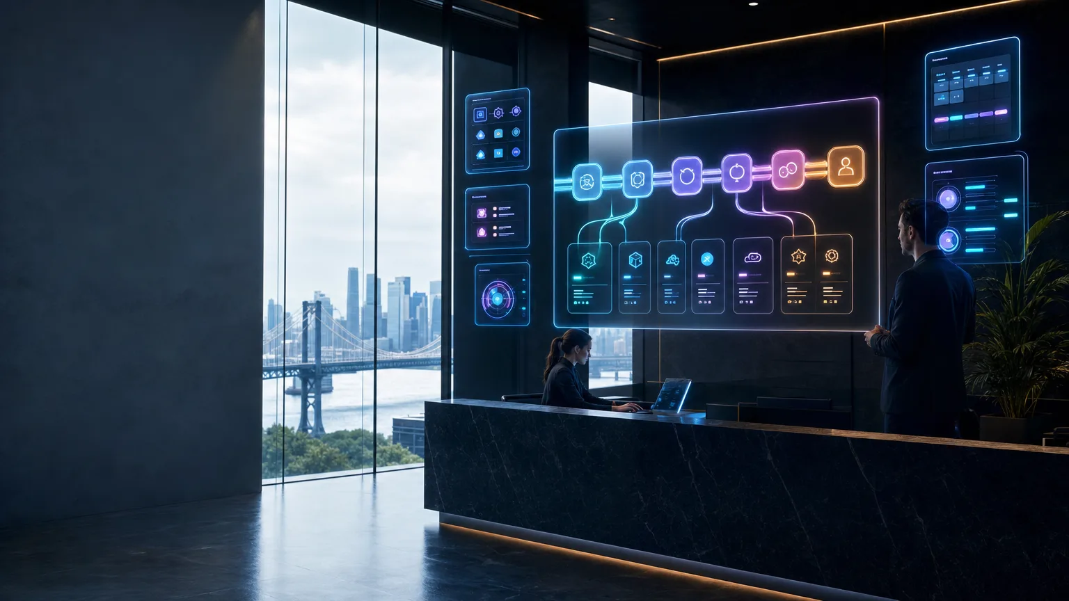 Photoreal futuristic automation architecture with two luminous workflow paths around a central optical compute core.