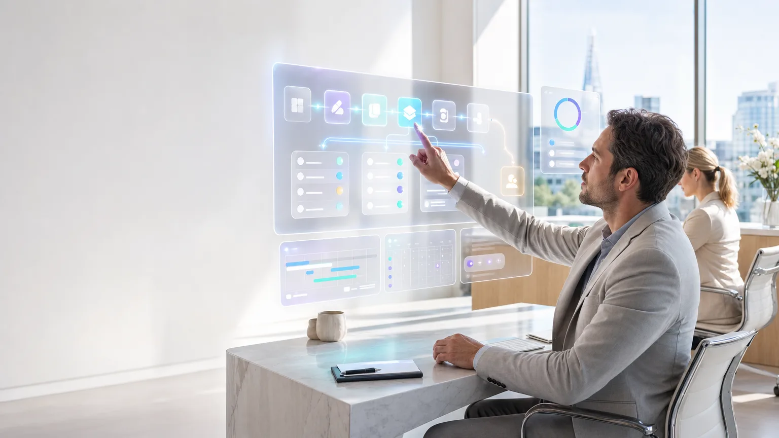 Illustrative bright editorial scene showing a premium website redesign workflow with modular page layouts, approval states and controlled publishing for a UK service business.