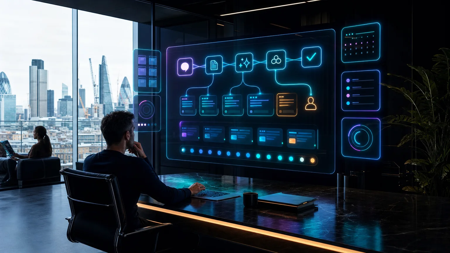 Photoreal near-future AI workflow core with luminous optical processing channels in a dark architectural setting.