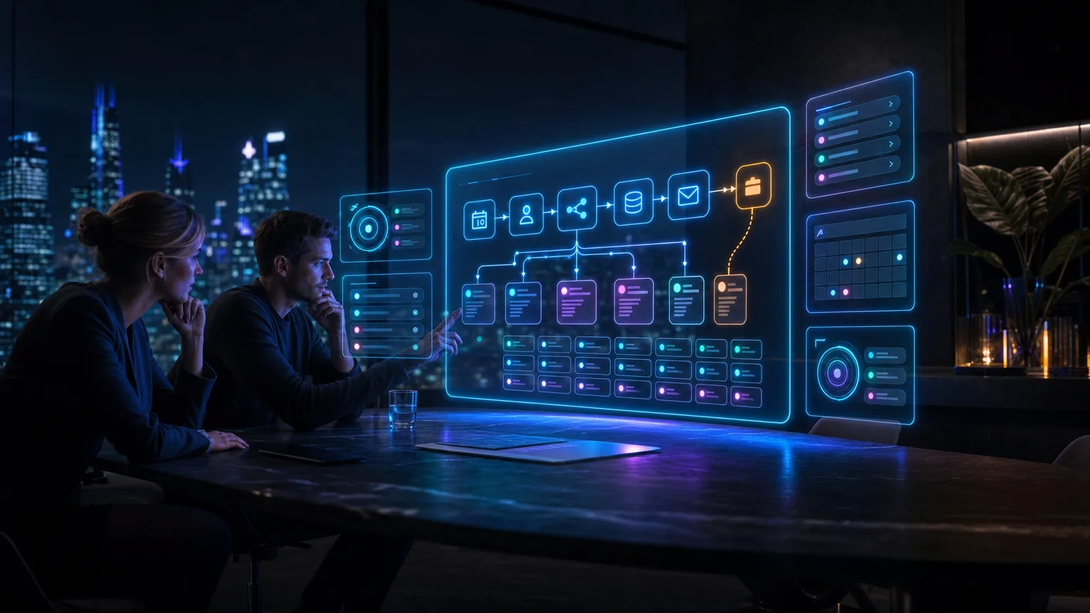 Photoreal futuristic liquid-cooled computing core with cyan optical pathways representing a monitored automation trigger.