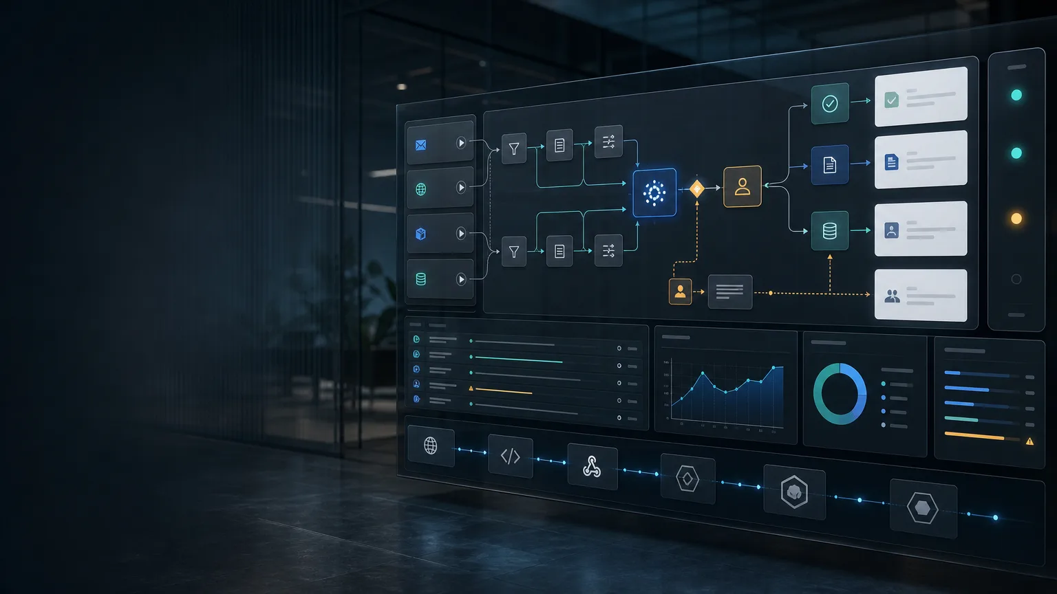Illustrative workflow automation control surface showing triggers, rules, approvals, run logs and a human exception path for a UK small business.