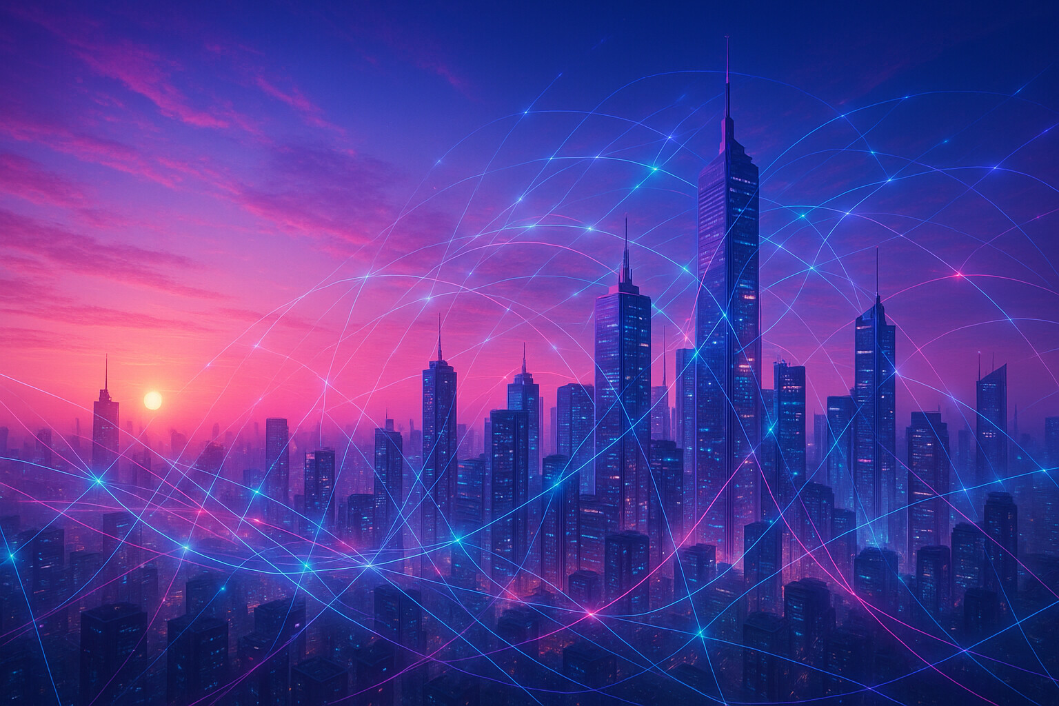 Connected skyscrapers forming a digital network across a city skyline